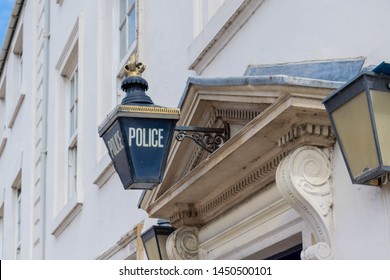 Close Up Of The Police Station In Durham City Centre, England. Blue Police Hanging Sign. Concept For Justice, Police Protection, Criminal, Defence. Space For Copy Text.