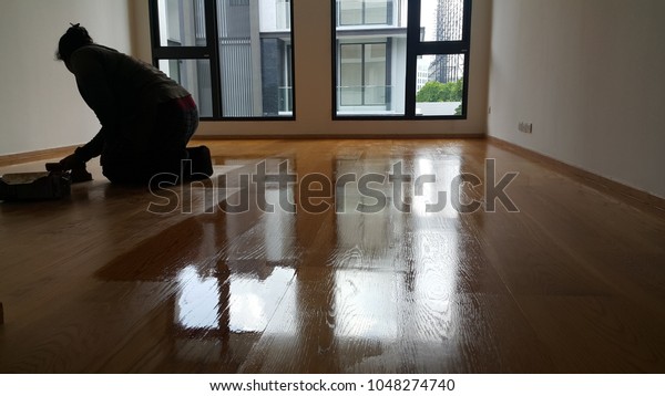 Close Polyurethane Coating Engineer Woods Floor Royalty