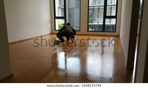 Close Polyurethane Coating Engineer Woods Floor Stock Photo