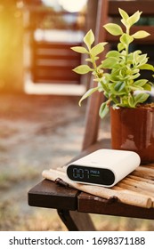 Close Up Portable Air Quality Monitor Detect PM 2.5, The Low Level Is Good Air Quality.