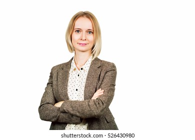 Close Up Portrait Of 35 Year Old Woman In Formalwear, Crossed Arms