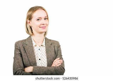 Close Up Portrait Of 35 Year Old Woman In Formalwear, Crossed Arms