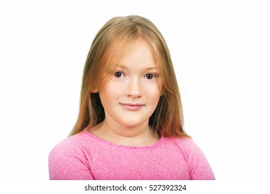 Close Up Portrait 9-10 Year Old Girl Isolated On White Background