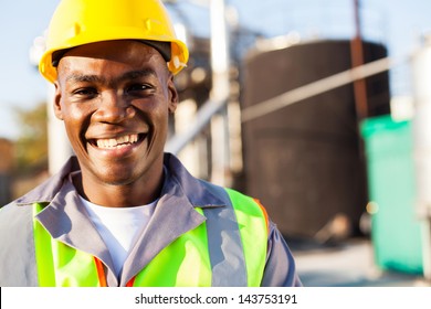 Close Up Portrait Of African American Petrochemical Worker Outside The Factory