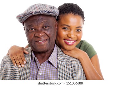 close up portrait of african daughter and senior father on white background