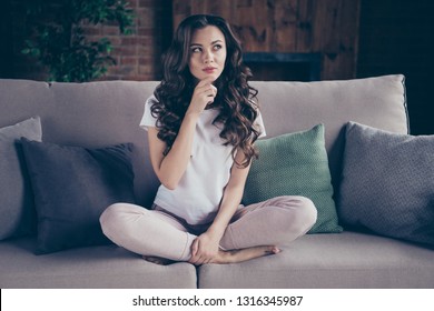 Close Up Portrait Amazing Beautiful Brunette She Her Lady Legs Couch Arm Chin Pillows Think Over Dinner Menu Evening Family Wearing Home Domestic White Sweatpants T-shirt Outfit Sit Comfy Divan