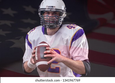 Close Up Portrait Of American Football Player Posing In Studio Wearing Violett Uniform With US Flag On Background