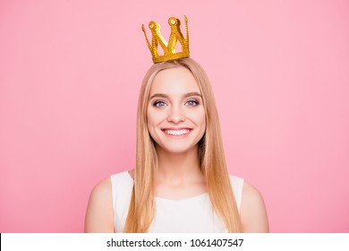 Close Up Portrait Of Attractive Charming Gentle Cool Beautiful Romantic With Toothy Smile Gray-eyed With Dimples Straight Smooth Healthy Hair Teenager With Crown On Head Isolated Background Copy-space