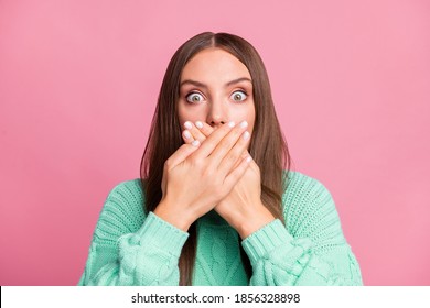 Close Up Portrait Of Attractive Horrified Lady Palms Cover Mouth Wear Pullover Isolated On Pink Color Background