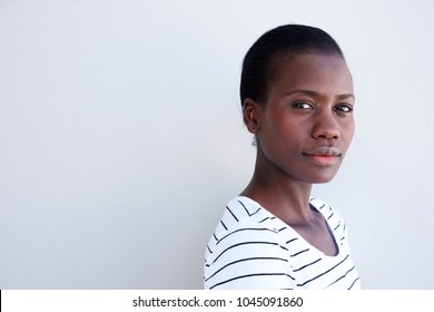 Close Up Portrait Of Attractive Young Black Woman With Serious Expression 
