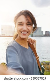 Close Up Portrait Of Attractive Young Woman Talking Selfie And Smiling