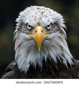 Close up portrait of a bald eagle facing forward, engaging the viewer with its intense gaze - Powered by Shutterstock