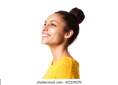 Close Up Portrait Of Beautiful African Lady Looking Away And Smiling On White Background
