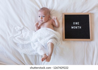 Close Up Portrait Of A Beautiful Baby On White Background At Home With A Vintage Letter Board With Message: One Month