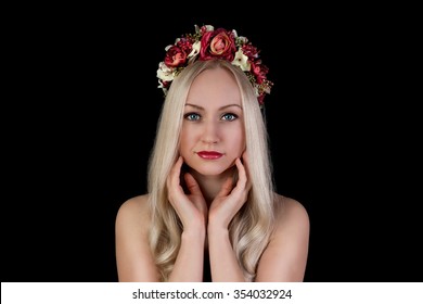 Close Up Portrait Of Beautiful Nude Woman In Flower Crown - Isolated On Black