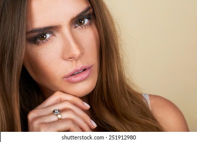 Close up portrait of beautiful spa woman touching her face. Perfect fresh, youth and delicate skin - Shutterstock ID 251912980