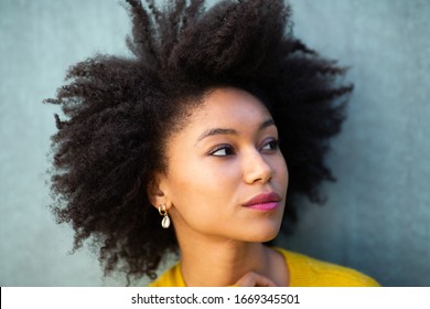 Close Up Portrait Beautiful Young African American Woman With Afro Hair Looking Away