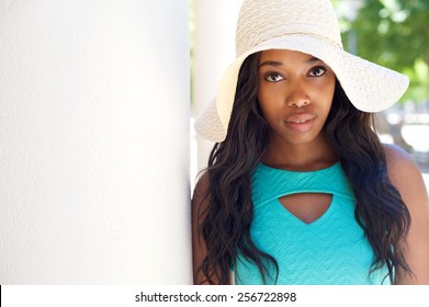 Close Up Portrait Of A Beautiful Young Black Woman In Sun Hat