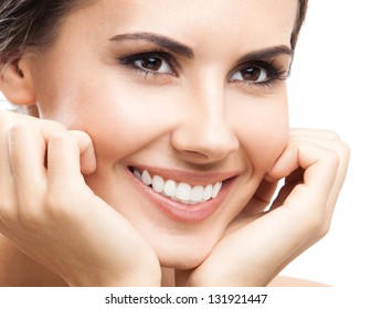 Close Up Portrait Of Beautiful Young Happy Smiling Woman, Isolated Over White Background