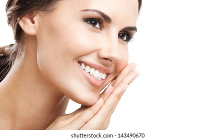 Close up portrait of beautiful young happy smiling woman, isolated over white background