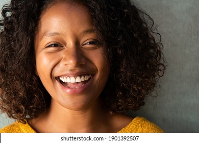 Close Up Portrait Beautiful Young Woman With Curly Hair Laughing