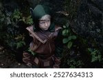 Close up portrait of a boy in a medieval costume against a forest background top view