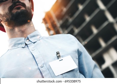 Close Up Portrait Of Businessman Builder With Empty Blank Badge Or Name Card On Chest Of His Shirt