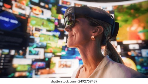 Close Up Portrait Of Caucasian Woman Wearing Augmented Reality Glasses And Surfing Animated Network Of Social Media, Online Games, Content. Visualization Of AR Interface With Internet Entertainment - Powered by Shutterstock