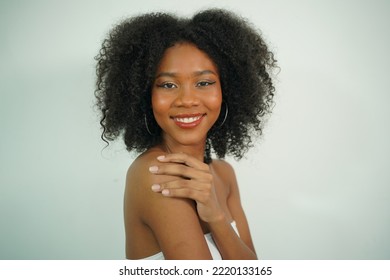 Close Up Portrait Of A Cheerful Afro Girl Smile With Happiness In The Morning.