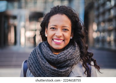 Close Up Portrait Of Cheerful Beautiful Hispanic Girl Student Professional Standing Outdoors Looking At Camera, Happy Confident Entrepreneur Latin Lady Laughing Face Posing Alone,. High Quality Photo