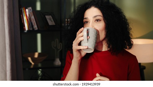 Close Up Portrait Of Cheerful Dreamy Caucasian Pretty Young Woman Standing Near Window In Living Room Looking At Camera And Smiling Holding Cup Of Hot Drink And Sipping Coffee Or Tea, Home Concept