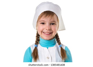 Close Up Portrait Of Cheerful Happy Smiling Female Nurse Or Doctor In Medical Uniform, Landscape Orientation On The White Background