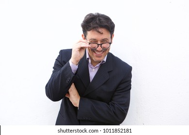 Close Up Portrait Of Cheerful Older Businessman With Spectacles  Smiling Against White Background