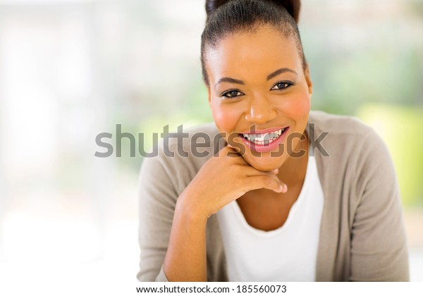 Close Portrait Cheerful Young African Woman Stock Photo 185560073 ...