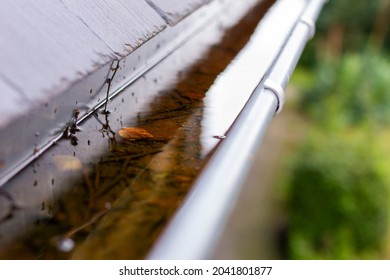 A Close Up Portrait Of A Clogged Roof Gutter Full Of Rain Water During A Rainy And Cloudy Day. The Bottom Of The Drain Is Full Of Leaves And Other Natural Waste And Is Hanging Next To A Slate Roof.