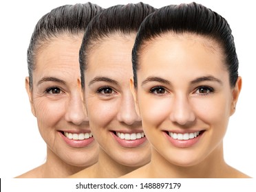 Close Up Portrait Of Conceptual Young Woman Showing Skin Aging Process. Three Portraits Of Same Girl With Different Ages And Wrinkles.