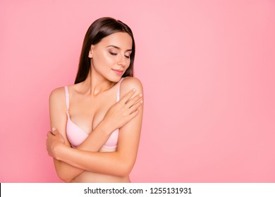 Close up portrait of cute nice attractive gentle beautiful she her girl closed eyes concentrated on trying new flavour  in pink underwear isolated on pink background