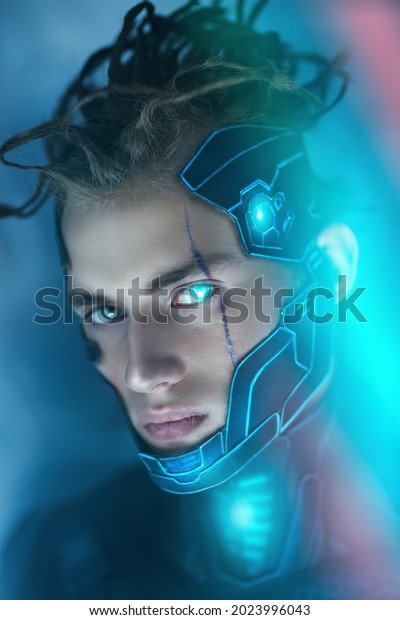 Close up portrait of a\
cyberpunk warrior wearing a mask and with scar on his face in neon\
night light. World of the future. Game, virtual reality. Cyberpunk\
concept.