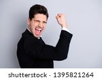 Close up portrait emotional chairmen boss collar youngster thrilled scream shout yeah raise fists expression close yes impressed celebration contract modern classic outfit isolated grey background