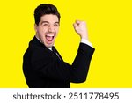 Close up portrait emotional millennial chairmen executive feel thrilled scream shout yeah raise fists expression impressed celebration contract modern classic outfit isolated grey background