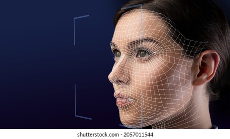 Close Up Portrait Face Of Serious Caucasian Young Woman, Double Exposure Face Scan Of Lady For Face Recognition Person, Panorama, Free Space. Authentication, Biometric, Security System, Id Technology