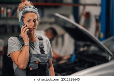 Close up portrait of female mechanic workshop worker in overalls standing at repair shop and having serious phone conversation with customer. Serious female mechanic talking on a phone with client. - Powered by Shutterstock