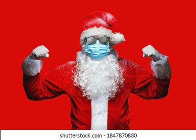 Close Up Portrait Of Funny Old, Cool, Bearded  Santa Claus Weari