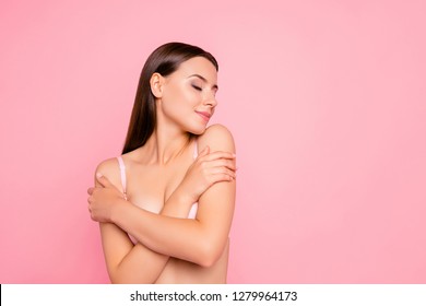 Close up portrait of gorgeous gentle tender arms folded eyes closed happy resting on pause her she woman wearing pale pink bra isolated on rose background