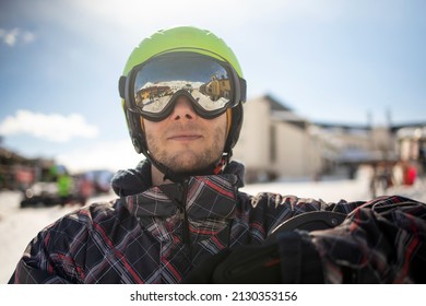 Close Up Portrait Guy Holding Snowboard In Winter, Sports Wear, Helmet, Sunglasses, Winter, Up, Freedom, Nature, Attractive, Clothes, Sport, Competitions, Winter Holidays, Alps, Travel, Hiking