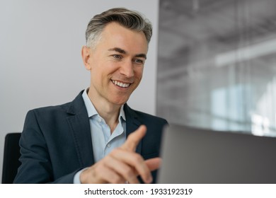 Close Up Portrait Of Handsome Mature Business Man Communication Online, Making Video Call Working From Home. Video Conference Concept 