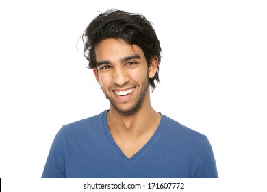 Close Up Portrait Of A Handsome Young Indian Man Smiling On Isolated White Background