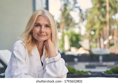 Close Up Portrait Happy Cheerful Woman Wearing White Soft Bathrobe While Spending Time At The Outside