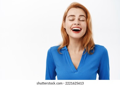 Close Up Portrait Of Happy, Relieved Smiling Woman With Closed Eyes, Daydreaming, Fantastizing, Making Wish, Stands Over White Background