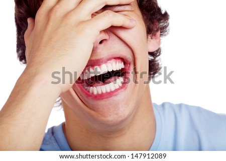 Close up portrait of hard laughing young man. Isolated on white background, mask included